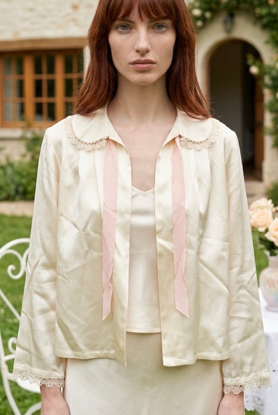 Antique 1910s Edwardian Ivory Silk Satin Lace Cropped Jacket Sm Front Tie Bridal